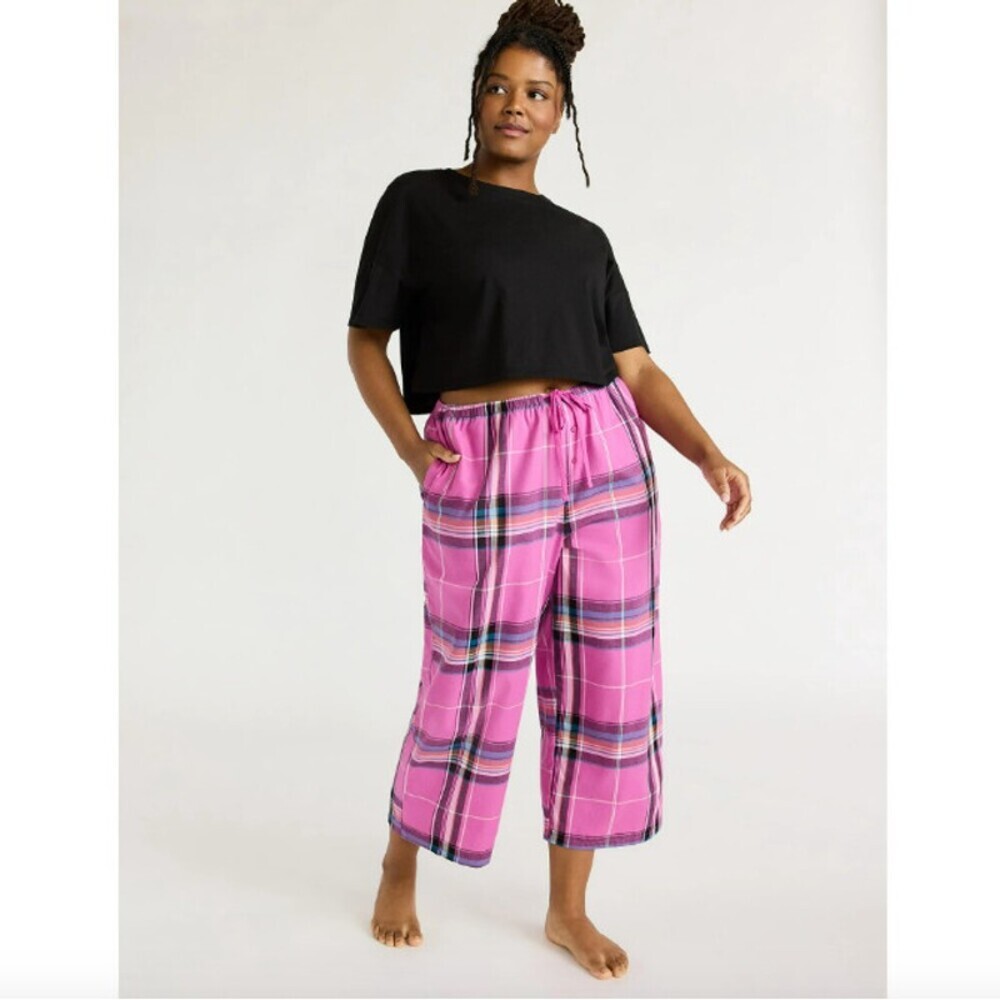Joyspun Women's Large Woven Cropped Pajama Pants Orchid Delight Ligtweight Pink
